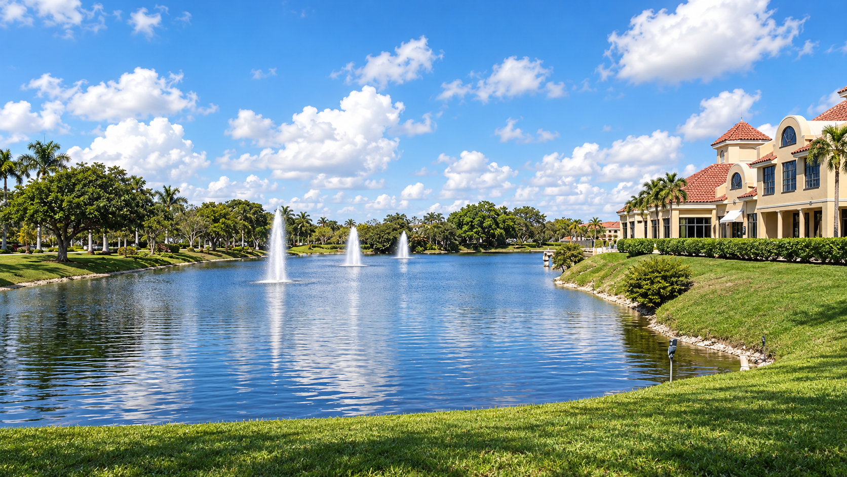 Reference-based rendering of the actual Boardwalk at Boca Pointe lake, fountains and Mediterranean-style shopping buildings