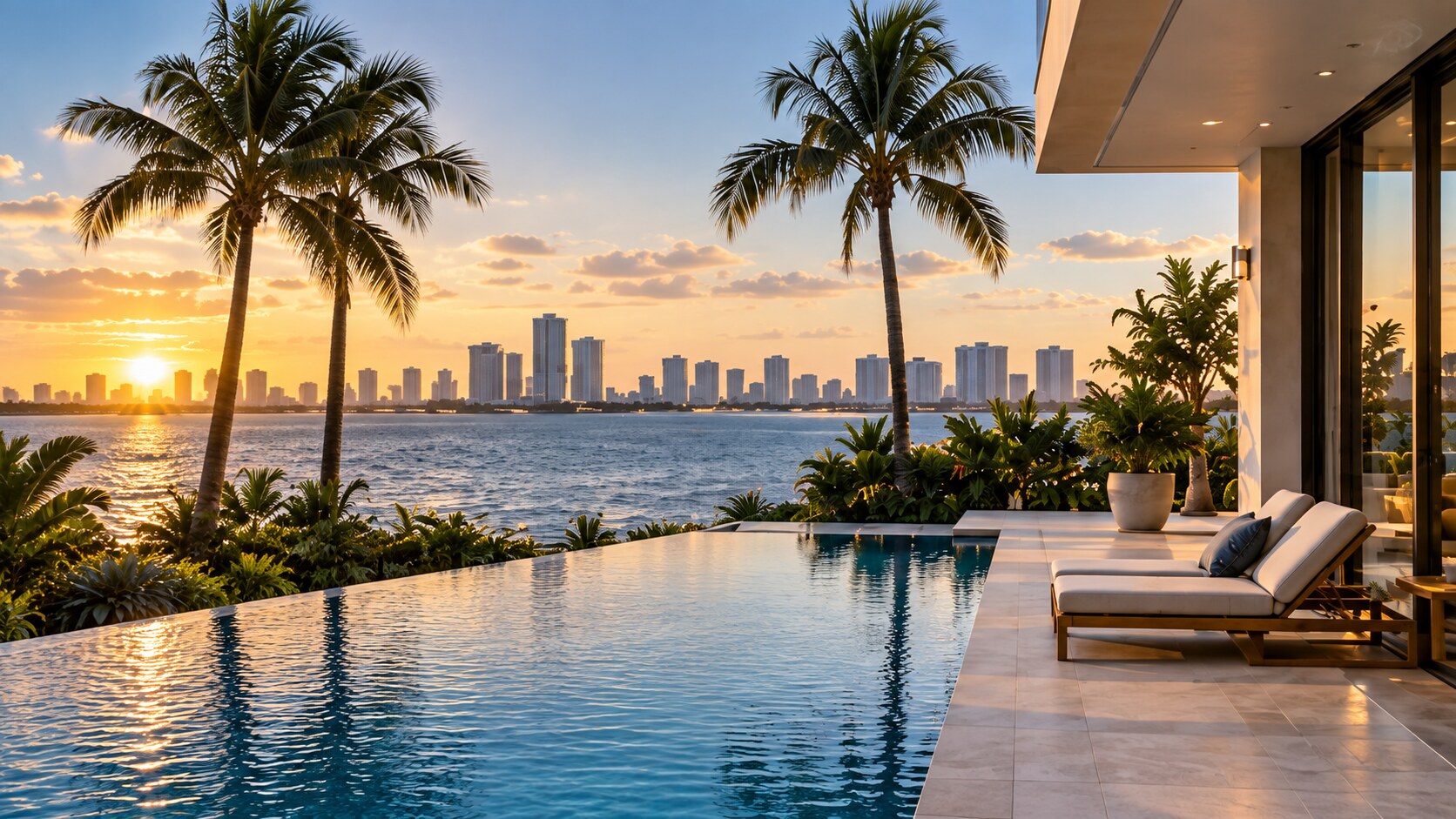 South Florida luxury waterfront terrace and skyline at sunset