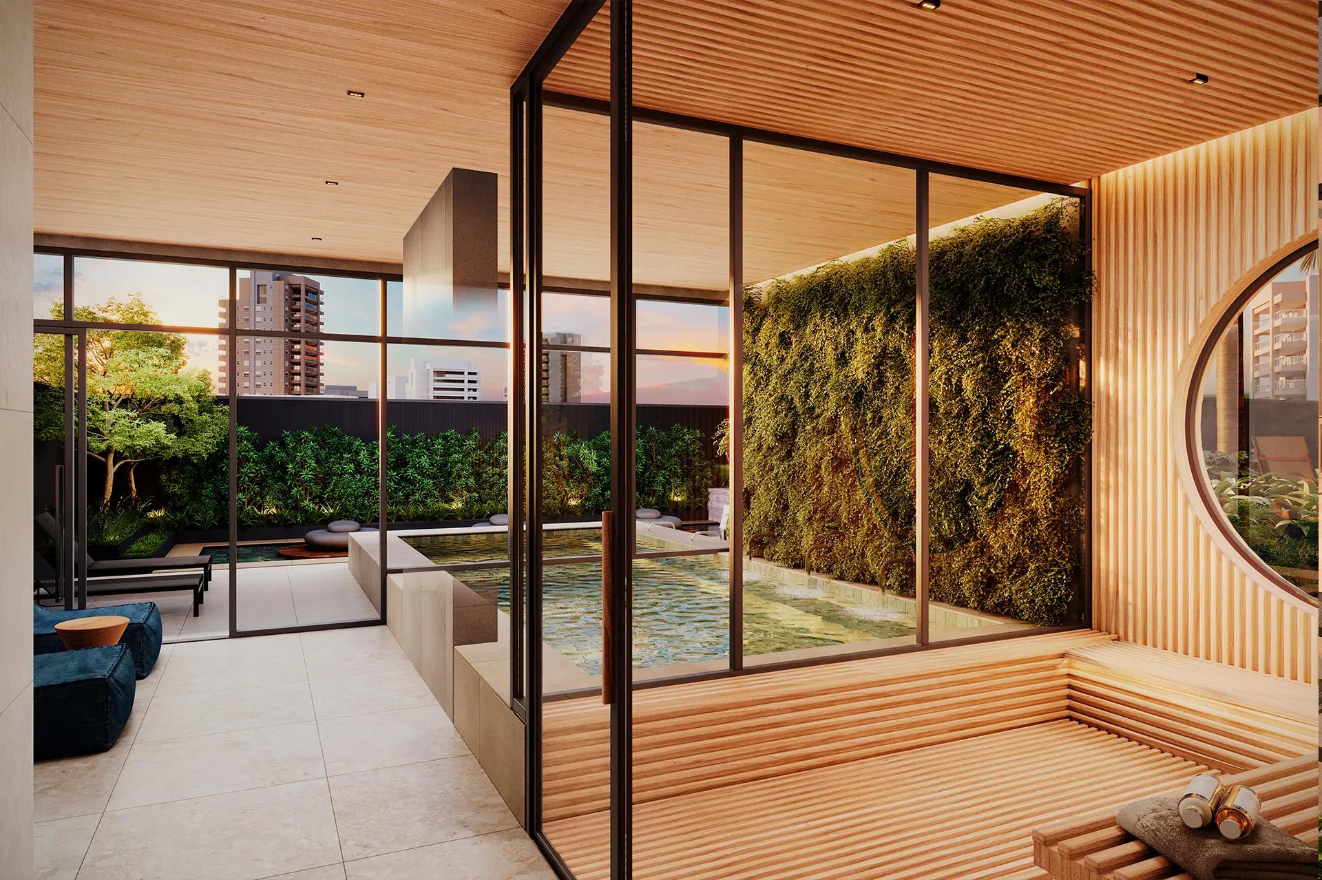 Light-filled residential wellness retreat with a wood sauna, living wall and water feature