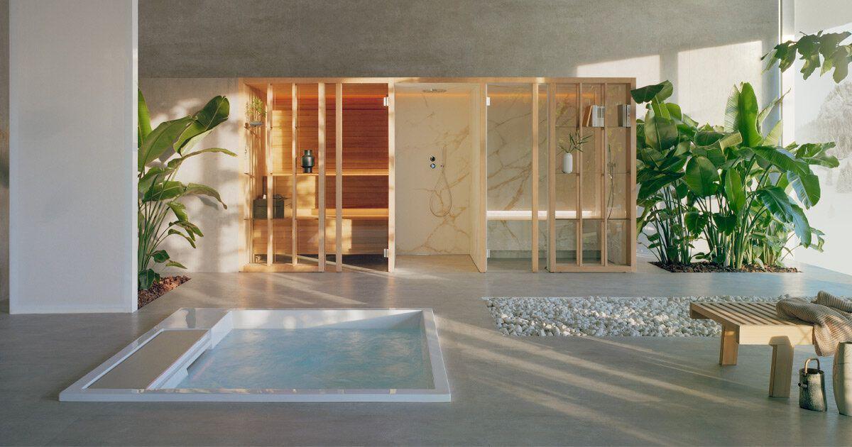 Luxury condominium wellness suite with cold plunge, sauna, natural materials and tropical planting