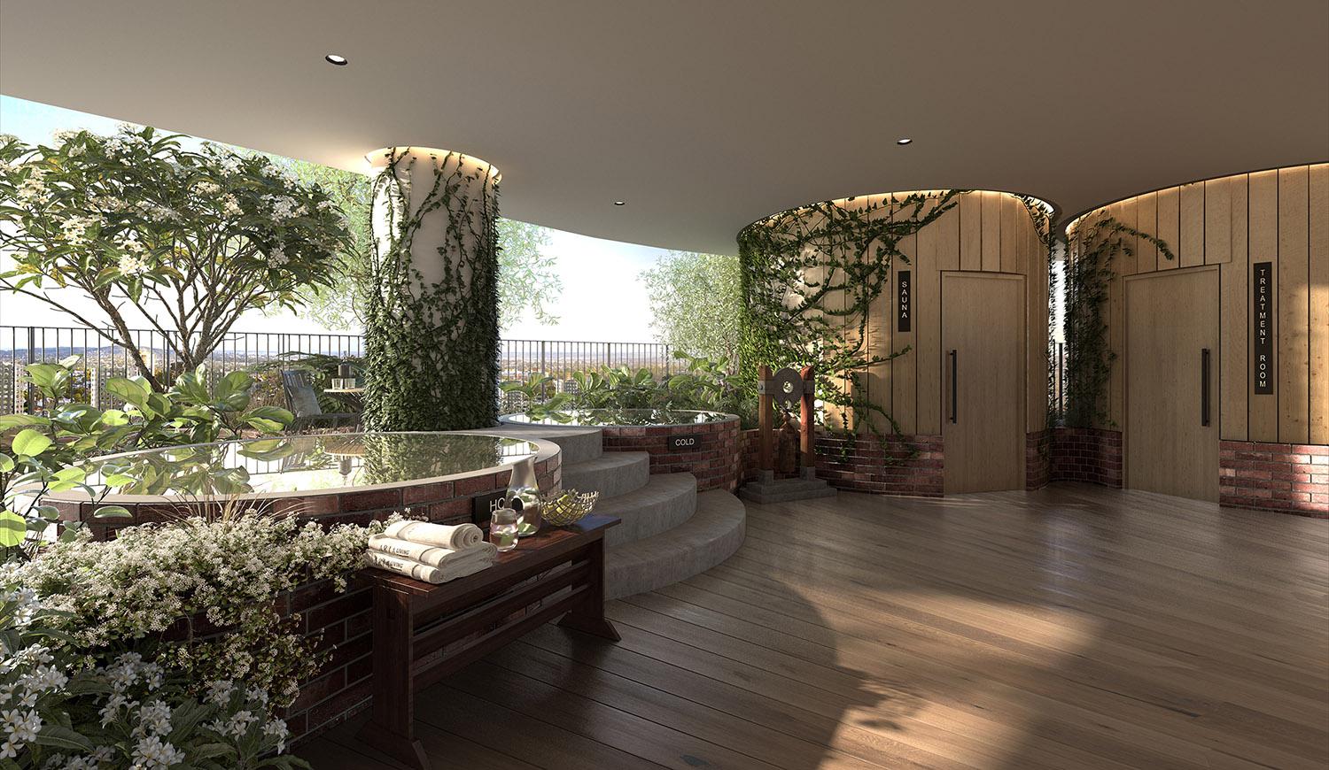 Luxury rooftop recovery terrace with cold plunge, sauna, treatment room and abundant greenery
